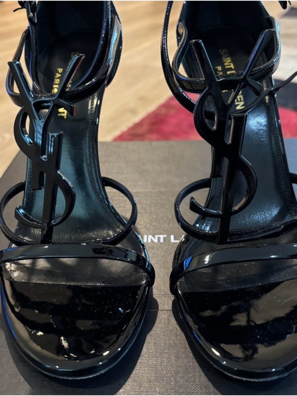 Saint Laurent Black Patent YSL Logo T-Strap High Heels